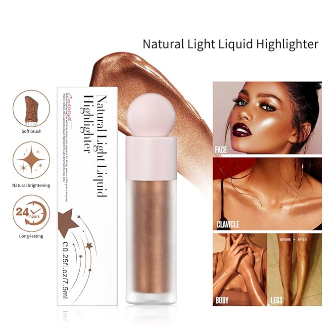 Liquid Highlighter Natural Glow For Face & Body, Waterproof Moisturizing Light Liquid Luminizer For Long Lasting Shimmer, Contour Highlighter Stick Easy to Apply with Cushion Applicator (#4 Candlelight)-VivaGrace Women
