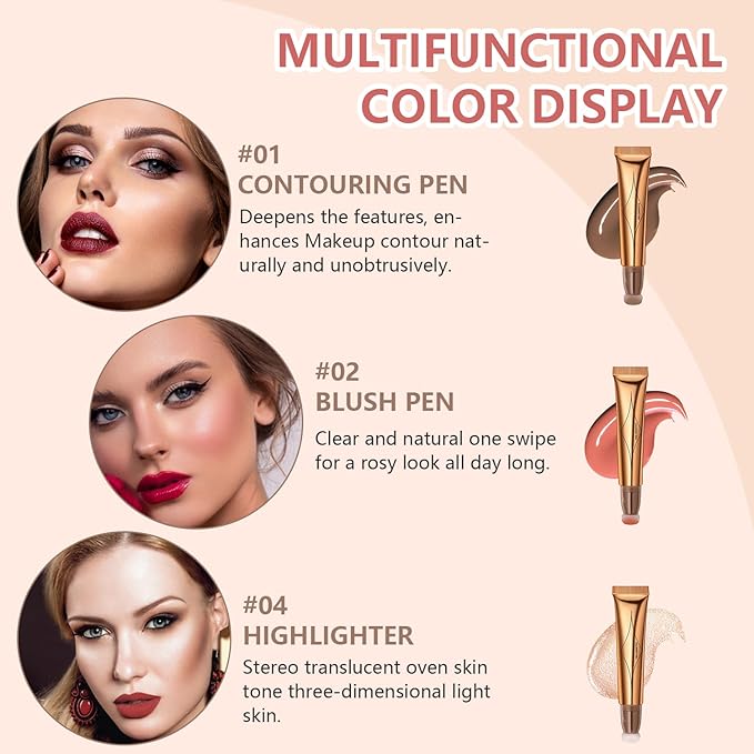 Liquid Contour Beauty Wand Set,Blush Liquid Contour Stick Highlighter Makeup With Cushion Applicator,Long Lasting Smooth Natural Matte Finish,Lightweight Blendable Super Silky Cream Sticks (01#02#04)-VivaGrace Women