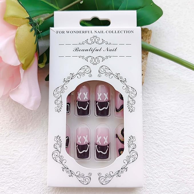 Square Press on Nails Medium Length Fake Nails with Glue Purple Acrylic False Nails with Brown Striped Love Heart Designs Glossy Gold Glitter Artificial Nails Fall Winter Stick on Nails 24Pcs