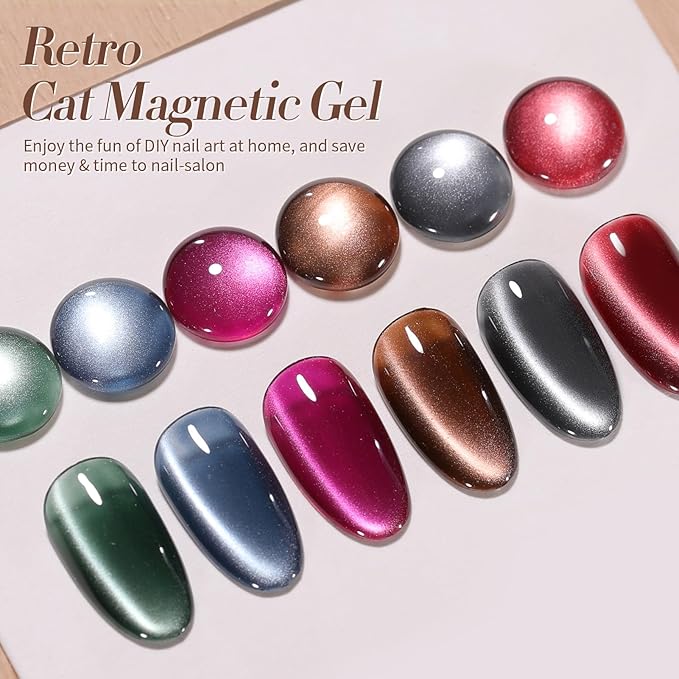 Born Pretty Cat Magnetic Eye Gel Nail Polish, Fall Winter Retro Cat Magnetic Gel, Pink Brown Blue Gray Green Magnetic Soak Off Nail Art Salon Manicure Home Gift 7ML 6PCS-VivaGrace Women
