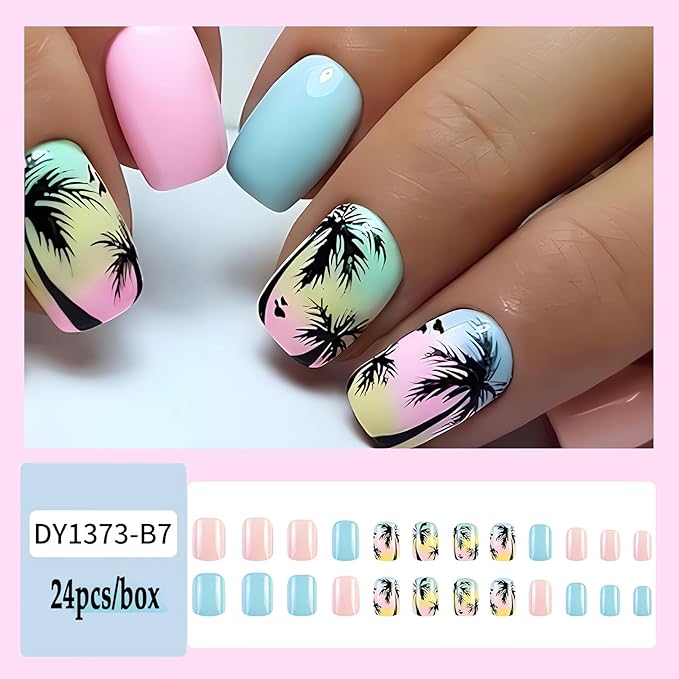 24 Pcs Summer Press on Nails Short Square Fake Nails Cute Palm Tree Designs False Nail Tips Glossy Blue Pink Acrylic Nails Full Cover Beach Glue on Nails Short Artificial Stick on Nails for Women