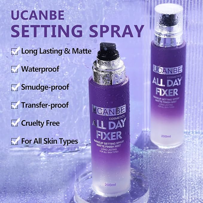 Long Lasting Makeup Setting Spray Kit- 6.76 Fl oz Hydrating Matte Finish Mist Lightweight Face Make up Fixer +Travel Size Spray Bottle+Sponge Puff Makeup Set-VivaGrace Women