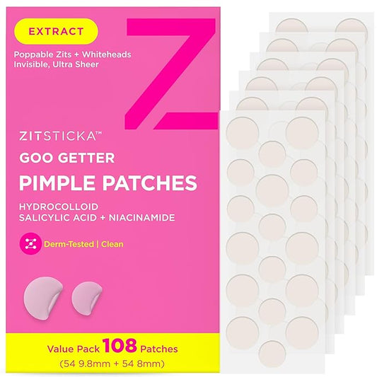 ZitSticka Pimple Patches for Face and Body, Goo Getter Hydrocolloid Patches to Cover Zits & Blemishes, Acne Patches or Zit Spot Stickers, Body Blemish Patch (108 Pack)-VivaGrace Women