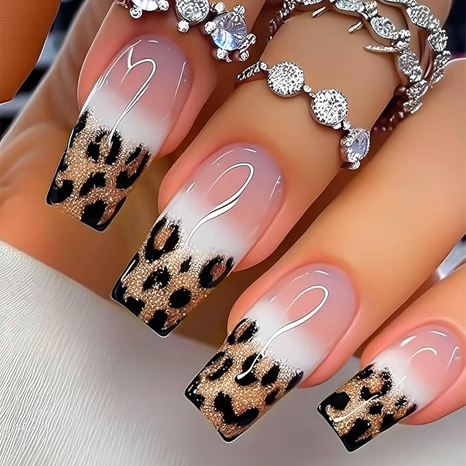 Medium Square Press on Nails French Tip Fake Nails Glitter Ombre False Nails with Leopard Designs Medium Nail Press ons Sparkly Artificial Nails Cute Stick on Nails for Women 24Pcs