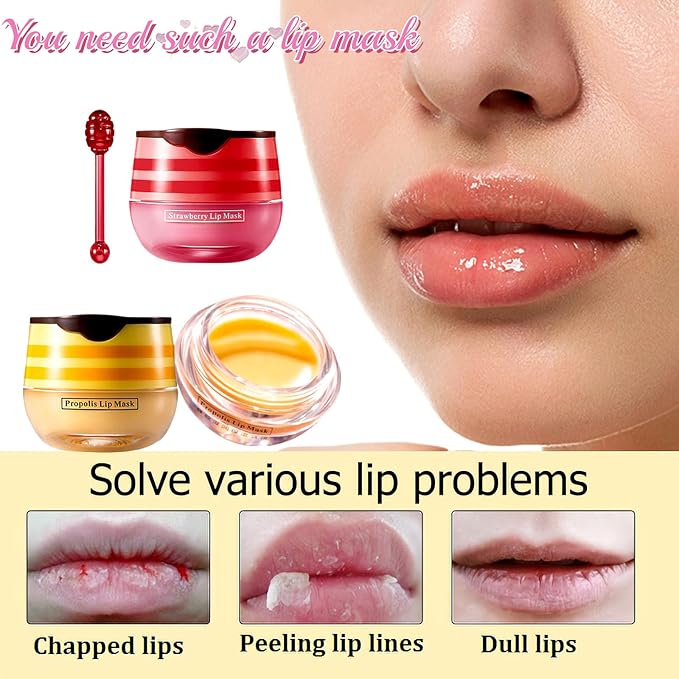 Bee Lip Balm Honey Pot,Honey Lip Mask Propolis Moisturizing Lip Balm with Stick,Hydrating and Prevention Dry and Cracked Lip Scrubs Exfoliator (2 PCS, Honey & Strawberry)-VivaGrace Women