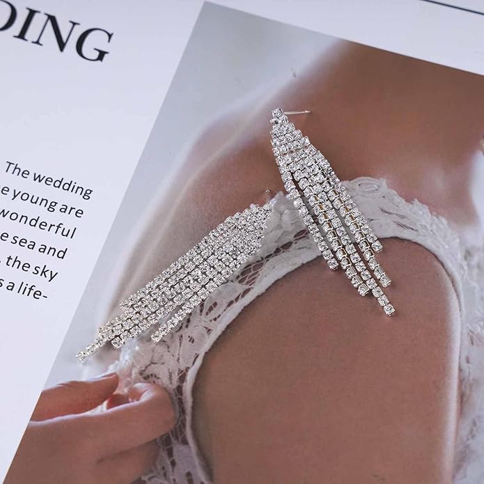 Vintage Rhinestone Chandelier Tassel Earrings Crystal Chain Drop Earrings Gold Long Tennis Chain Earrings Shine Chandelier Bridal Earrings Jewelry for Women-VivaGrace Women