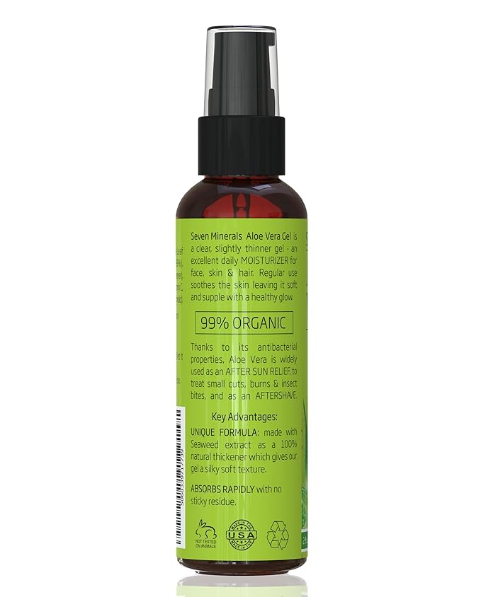 Seven Minerals, Travel Size Organic Aloe Vera Gel from freshly cut 100% Pure Aloe - 2 Fl Oz - HighestQuality, Texas grown, Vegan, Unscented - For Face, Skin, Hair, Sunburn relief (2 Fl Oz)-VivaGrace Women
