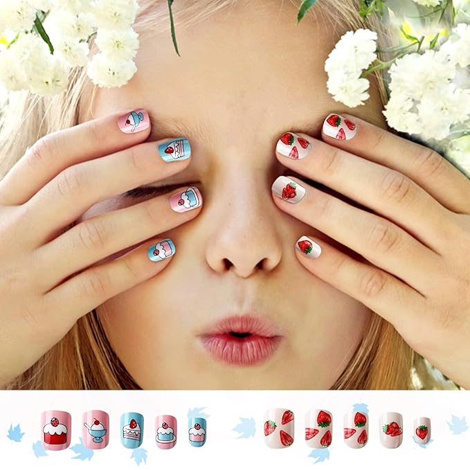 JANYUN 96 Pcs Kids False Nail Stick on Nails Kids Full Cover Short False Nails Children Nail Tips Lovely Gift for Kids Little Girls Nail Art Decoration (Fruits Color)