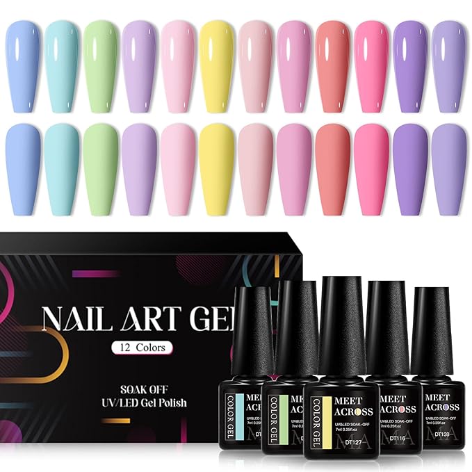 MEET ACROSS 12pcs Gel Nail Polish Set,Soak Off UV LED Lamp Gel Nail Polish Kit,Fashion Shimmer Nail Art Design Gifts for Women Manicure Salon (candy color)