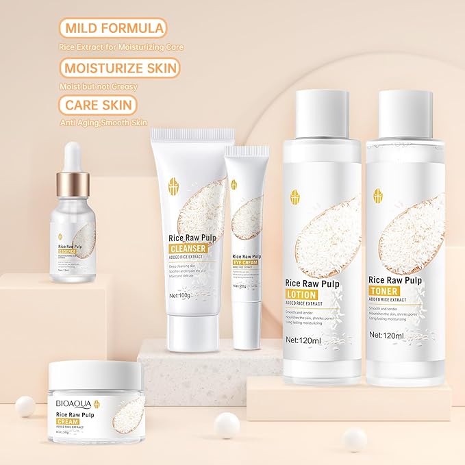 Rice Deep Nourishing Facial Care Set, 6Pcs Face Care Set for Women, Skin Care Set Includes Facial Cleanser, Toner, Lotion, Essence, Cream and Eye Cream.-VivaGrace Women
