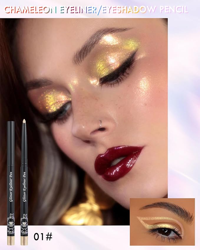 Colored Glitter Eyeliner Pencil, Chameleon Matte Metallic Eyeliner Pen Eyeshadow, Silver Shimmer Retractable Eyeliner Waterproof Smudgeproof, Highlighter Gel Eye Liner with Sharpener Gift for Women-01