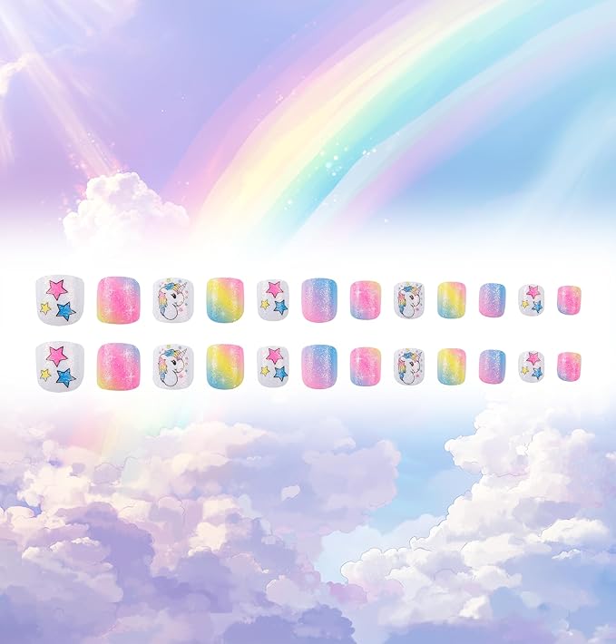 Kids Press on Nails Children Fake Nails 72PCS Artificial Nail Tips Adhesive Full Cover Short False Fingernails for Girls Kids Nail Decoration (Mermaid Unicorn)