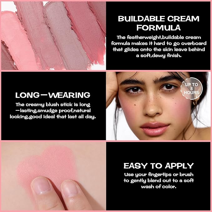 FOCALLURE Cream Blush Makeup,Buildable Blush Stick for Cheeks,Matte and Dewy Finish,Long Wearing,Easy Application,Lightweight Multi Stick,BABY PINK-VivaGrace Women