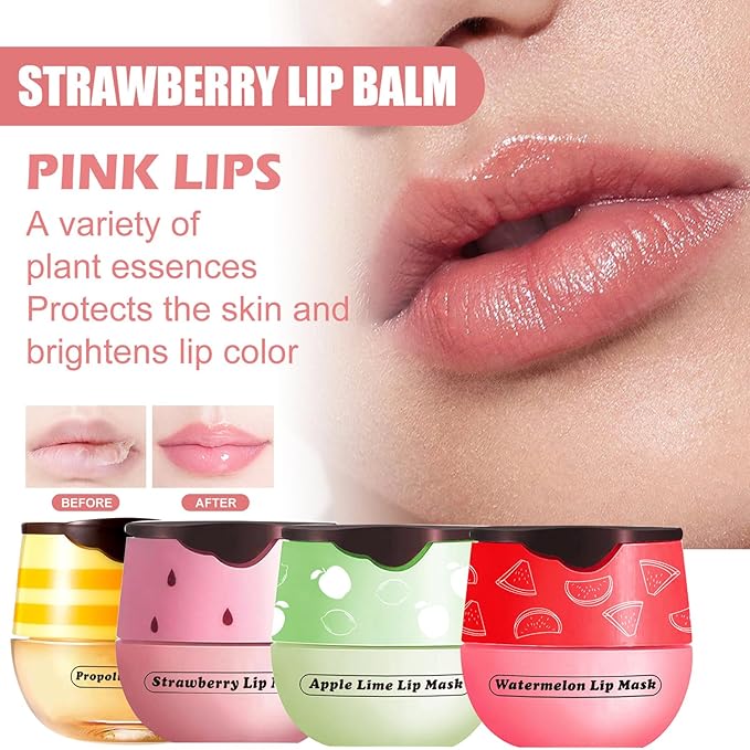 Honey Lip Balm Pot, 3 Pcs Honey & Strawberry & Watermelon Lip Mask Propolis Lip Mask Moisturizing Hydrating Prevention Dry and Cracked Lip Scrubs Exfoliator-VivaGrace Women