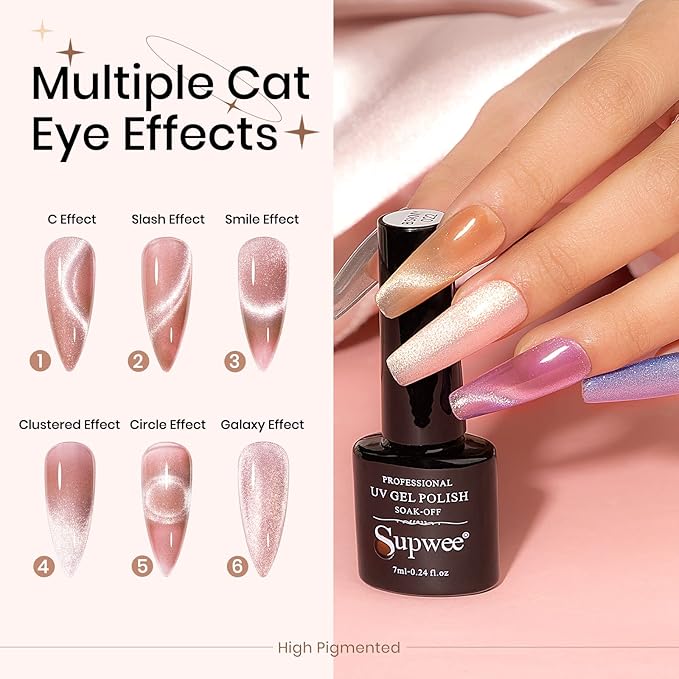 Magnetic Cat Eye Nail Polish Set, 12 Colors, 9D Cateye Nail Polish, Holographic Glitter, Magnetic Gel Polish, Soak Off Lamp, Gel Nail Art Manicure Kit