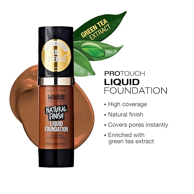 Kiss New York Professional Liquid Foundation - Lightweight and Hydrating Formula, Natural Finish, Control Shine, Cover Pores, Medium to Full Coverage, Green Tea Extract (Caramel)-VivaGrace Women
