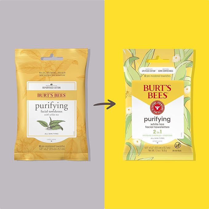 Burt's Bees Purifying Facial Towelettes With White Tea, Pre-Moistened Towelettes for All Skin Types, 99.1 Percent Natural Origin Skin Care, 10 ct. Package