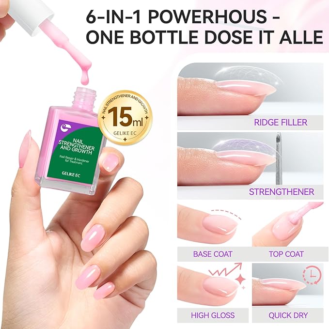 gelike ec Nail Ridge Filler and Strengthener Polish: Pink 6 in 1 Natural Nail Hardener Extra Strong and Growth - Long Lasting Nail Repair for Damaged Nails - For Daily Work Home Salon