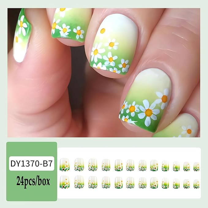 Small Flower Press on Nails Short Square Fake Nails Full Cover White Daisy Gradient Green Glue on Nails Short Spring Summer Stick on Nails Glossy Acrylic False Nails Glue on Nails for Women