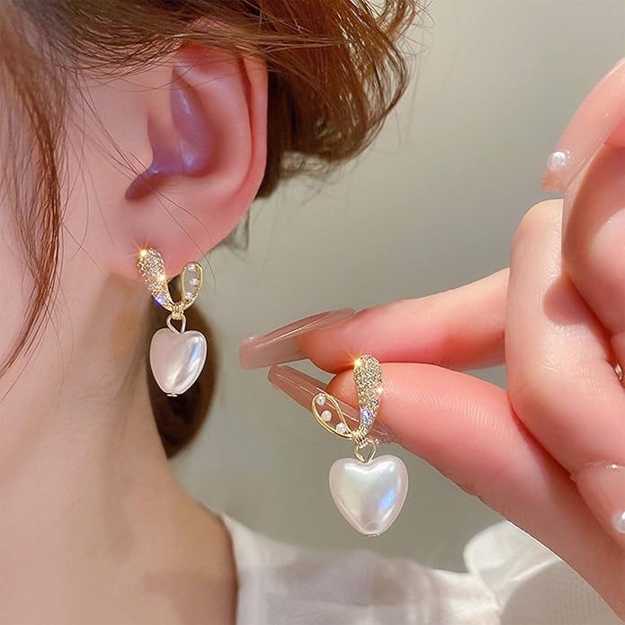 Vintage Crystal Pearl Heart Dangle Earrings Rhinestone Pearl Drop Earrings Gold Cz Pearl Stud Earrings Heart Love Earrings Jewelry for Women-VivaGrace Women