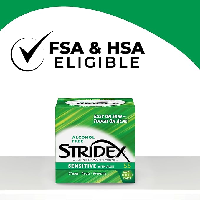 Stridex Medicated Acne Pads, Sensitive, 55 Count – Facial Cleansing Wipes, Alcohol Free Face Treatment, For Mild to Moderate, Smooth Application