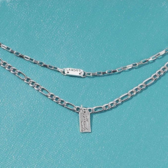 Boho Layered Silver Bar Necklace Choker Figaro Chain Necklace Vintage Layering Link Chain Necklace Geometric Necklace Jewelry for Women and Girls-VivaGrace Women