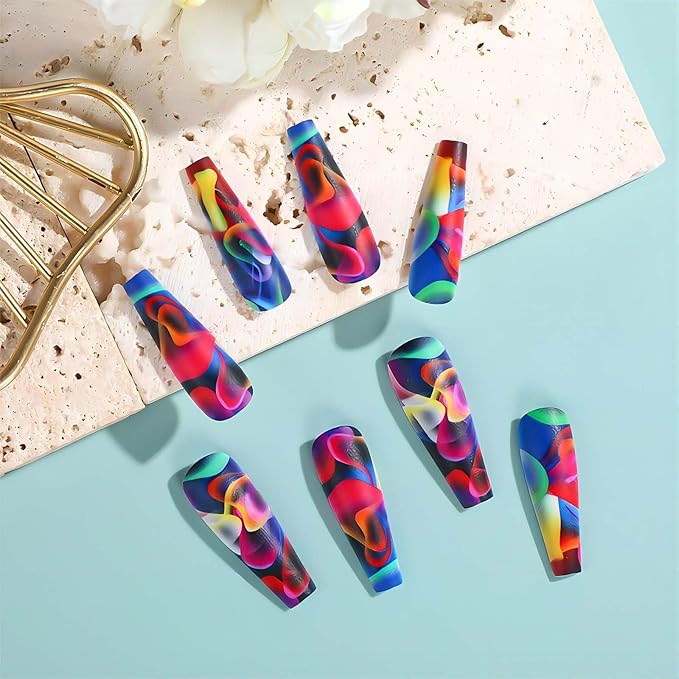 Acrylic Press on Nails Long Coffin Fake Nails with Nails Glue Long Ballet False Nails with Water Ripple Rainbow Designs Colorful Full Cover Artificial Nails Press Ons Stick on Nails 24Pcs