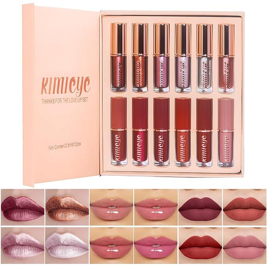 12Pcs Liquid Lipstick Makeup Set, Shades with 4Pcs Metallic Color Lipstick, 4Pcs Hydrating Lip Oil and 4Pcs Longwear Waterproof Matte Lipstick Gift Kit for Women (SET C)-VivaGrace Women