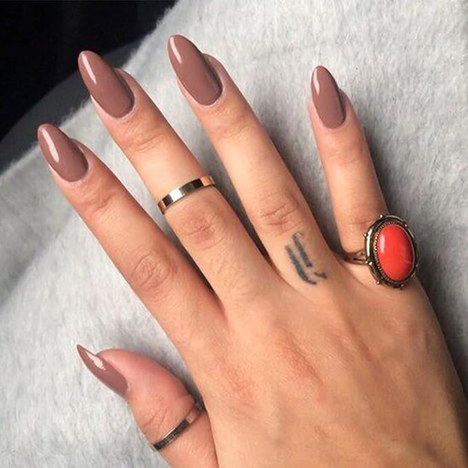 Brown Press on Nails Medium Almond Fake Nails with Designs Glossy Stick on Nails Full Cover False Nails Glue on Acrylic Nails for Women and Girls