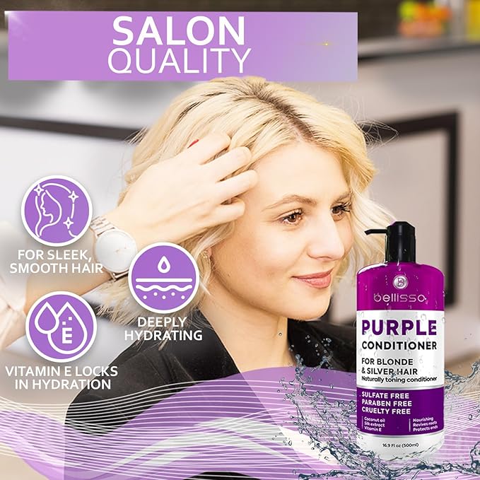Purple Conditioner for Blonde Hair - Sulfate and Paraben Free Toner - No More Orange and Yellow Brassy Tones - More Balance for Color Treated, Bleached, Silver, White and Gray Hair - Women and Men-VivaGrace Women