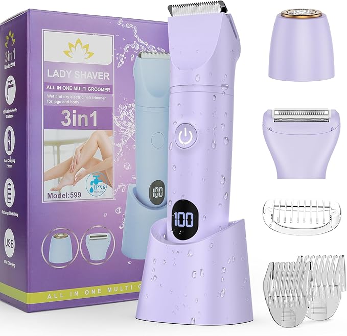 Bikini Trimmer Electric Razors for Women,3 in 1 Body Hair Removal Kit for Face,Pubic,Arm, Leg, Armpit, Bikini Trimmer,Painless IPX6 Waterproof Rechargeable Portable Lady Shavers Wet & Dry Gifts-VivaGrace Women