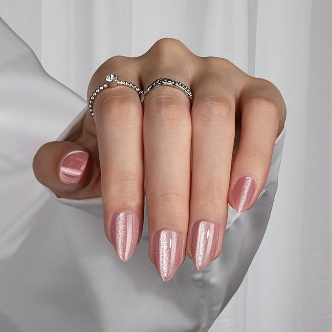 KQueenest Cat Eye Nude Pink Press on Nails Short Almond with UV Coating, 30 Pcs Thick Glitter Fake Nails Glue on, Cute Sparkle Shinny Acrylic Nails with Bling Design, Reusable False Nails for Women