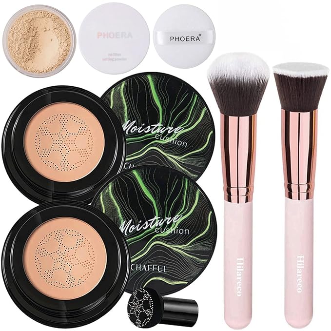 Mushroom Head Air Cushion CC Cream Natural Foundation,Phoera Powder, Bright Makeup Base Long Lasting with Makeup Sponge and Flat Top Kabuki Foundation Brush (#04 Buff Beige)-VivaGrace Women