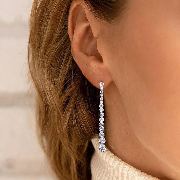 Vintage Rhinestone Chain Drop Earrings Silver Linear Crystal Earrings Sparkle Cz Tassel Earrings Long Cz Chain Stud Earrings Jewelry for Women and Girls-VivaGrace Women