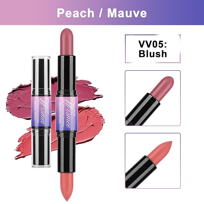 Dual-Ended Cream Blush Stick,Cream Blush Makeup Stick,Buildable Blush Stick for Cheeks Long Wearing,Easy Application,Lightweight Multi Stick,Plum & Peach-VivaGrace Women