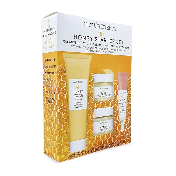 Earth To Skin Facial Care Starter Set: Manuka Honey Cleanser (1.0 Fl Oz), Day Gel Cream (0.5 Fl Oz), Night Cream (0.5 Fl Oz), and Royel Jelly Eye Cream (0.23 Fl Oz)-VivaGrace Women