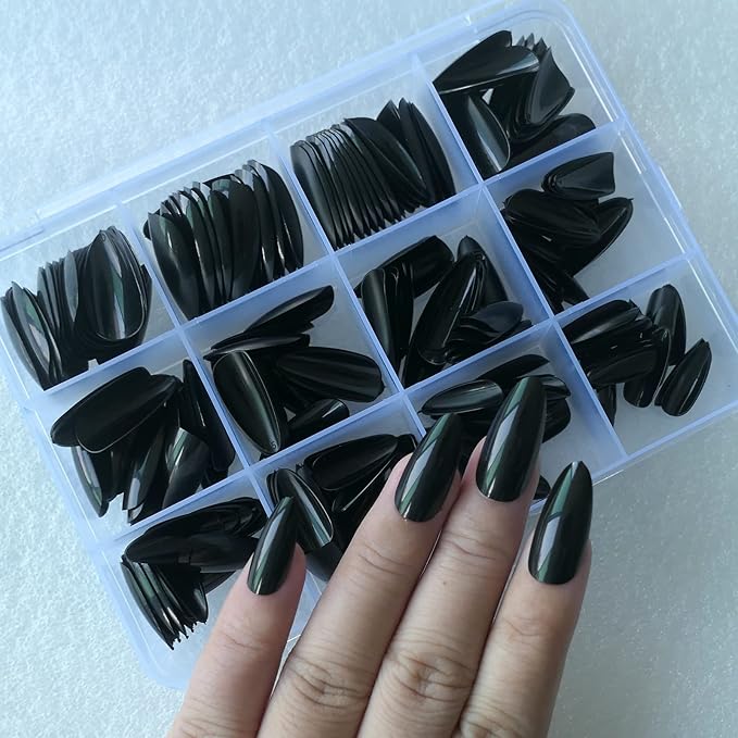 LoveOurHome 240pc Almond Press on Nails Medium Black Fake Nail Tips Full Cover Glue Almond Acrylic Nails Press ons Nail Short Stiletto False Artificial Fingernail & Glue Adhesive Tabs for Women Girls