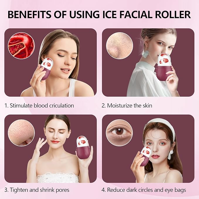 2pcs Ice Roller for Face and Eye, Silicone Ice Facial Roller Ice Holder, Face Ice Mold Skin Care, Face Icers Reusable Ice Cube Roller for Shrink Pores Anti Wrinkle Reduce Puffiness, Pink Rose-VivaGrace Women