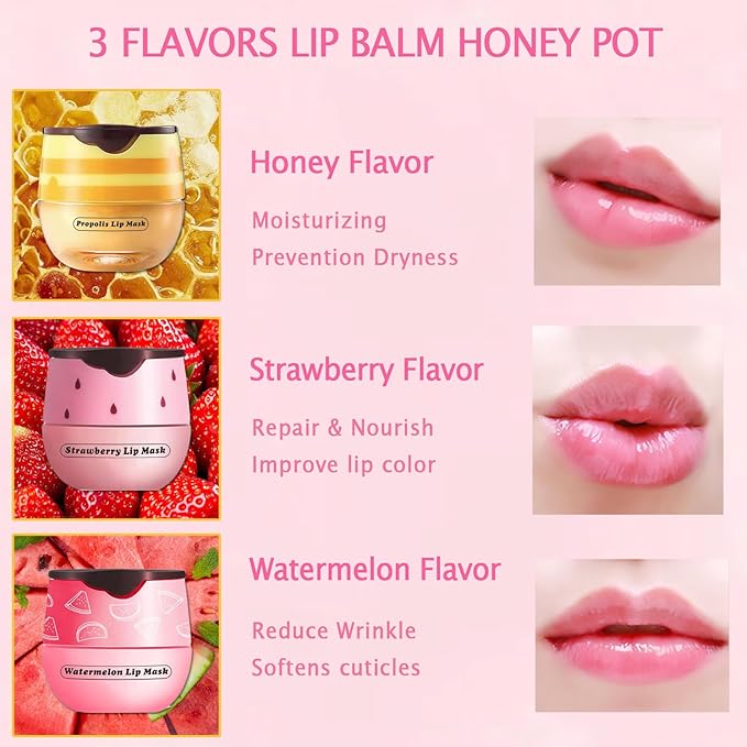 3 PCS Bee Lip Mask Honey Pot Lip Balm,Strawberry Watermelon Lip Mask Overnight Hydrating Dry and Crack Lip Scrubs Exfoliator Propolis Lip Sleeping Mask (Strawberry & Watermelon & Honey)-VivaGrace Women