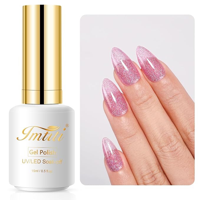 Imtiti Iridescent Glitter Translucent Orchid Pink Gel Polish, UV LED Soak Off Clear Sparkle Pink Gel Nail Polish, Shimmer Glitter Pink Gel Polish 1Pcs
