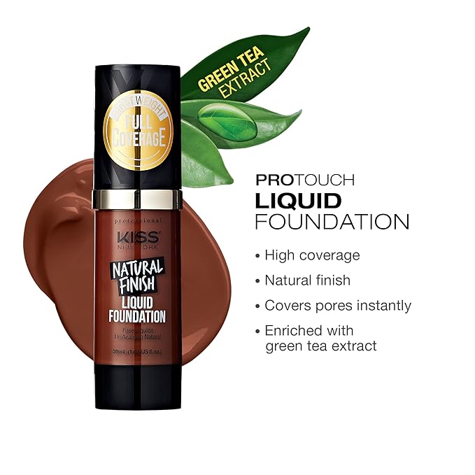 Kiss New York Professional Liquid Foundation - Lightweight and Hydrating Formula, Natural Finish, Control Shine, Cover Pores, Medium to Full Coverage, Green Tea Extract (Sienna)-VivaGrace Women