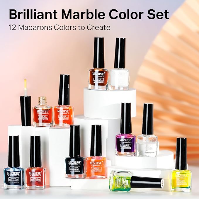 MIZHSE Marble Ink for Nails, 12Pcs Macarons Colors Marble Nail Polish Set Suumer Nail Ink Blooming Gel Watercolor Nail Polish for Nail Art Design Manicure at Home