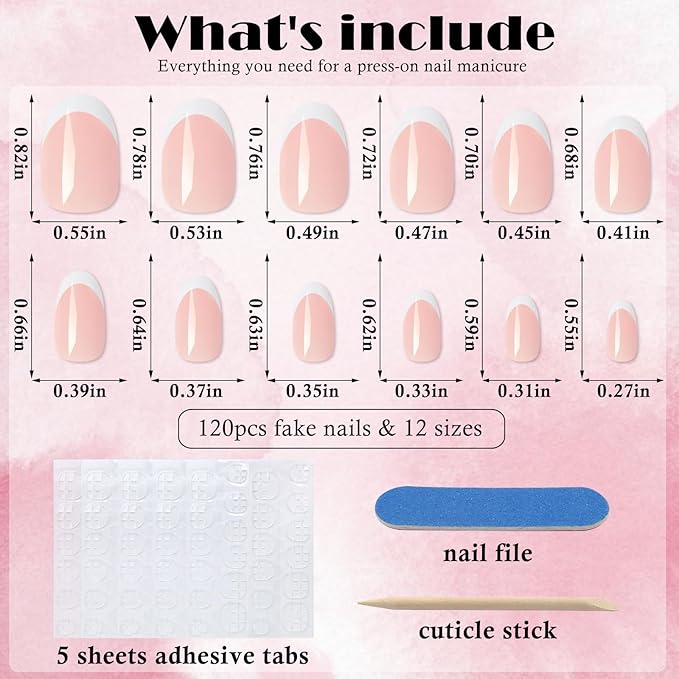 AddFavor French Tip Press on Nails Short Oval Fake Nails, 120pcs White French Tips Nails Press on Medium Almond False Acrylic Nails for Women and Girls