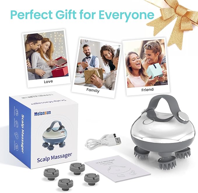 Portable Electric Scalp Massager - Rechargeable IPX7 Waterproof Heated Scalp Massager w/ 100 Kneading Nodes, 3 Speed Modes, 2 Massage Styles, 8 Claws for Scalp/Body Massage & Face Cleaning (SilverïŒ