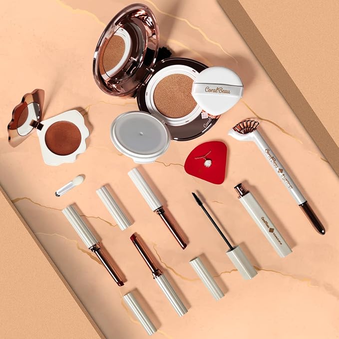 Shell Makeup Set - All in One Makeup Kit for Women with Compact BB Cream Powder, Eyeshadow Palette with Brown Shades, Eye Shadow Brush, Mascara, 3 Lipsticks, Necklace - Make Up Gift Set Box-VivaGrace Women