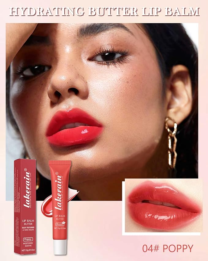 Lip Butter Balm Poppy, Hydrating Tinted Butter Lip Gloss,Clear Lip Mask Lip Care Moisturizer,Smooth Lip Treatment Balm, Non-Sticky Jelly Glow Reviver Fat Lip Oil, Thanksgiving Makeup Gift for Women-04-VivaGrace Women