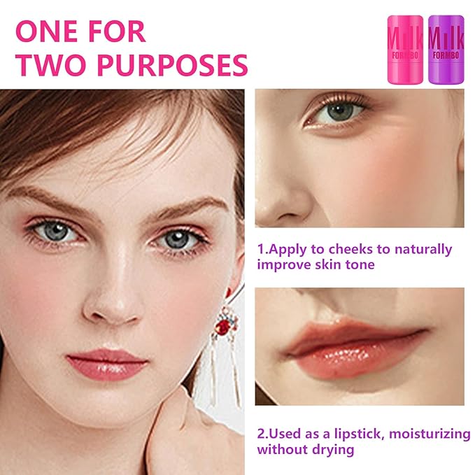 2 Pcs Milk Jelly Blush,Jelly Tint Blush Stick Sheer Lip & Cheek Stain Milk Cooling Water Jelly Tint Long Lasting Face Blushes, Lip Gloss Cheek Solid Moisturizer Stick (03#+04#)-VivaGrace Women