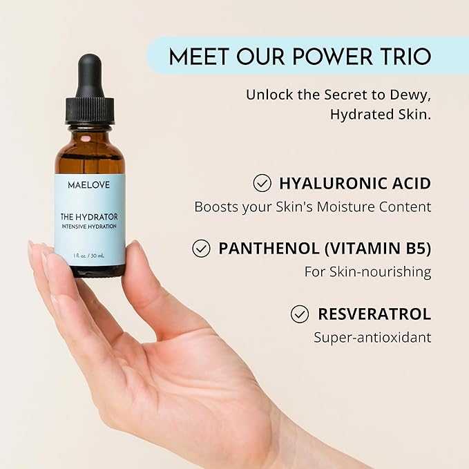 MAELOVE Hydrator Hyaluronic Acid B5 Serum with Resveratrol for Instantly Dewy Glow, Fills Fine Lines, Lightweight and Non Greasy, 1.0 fl oz-VivaGrace Women