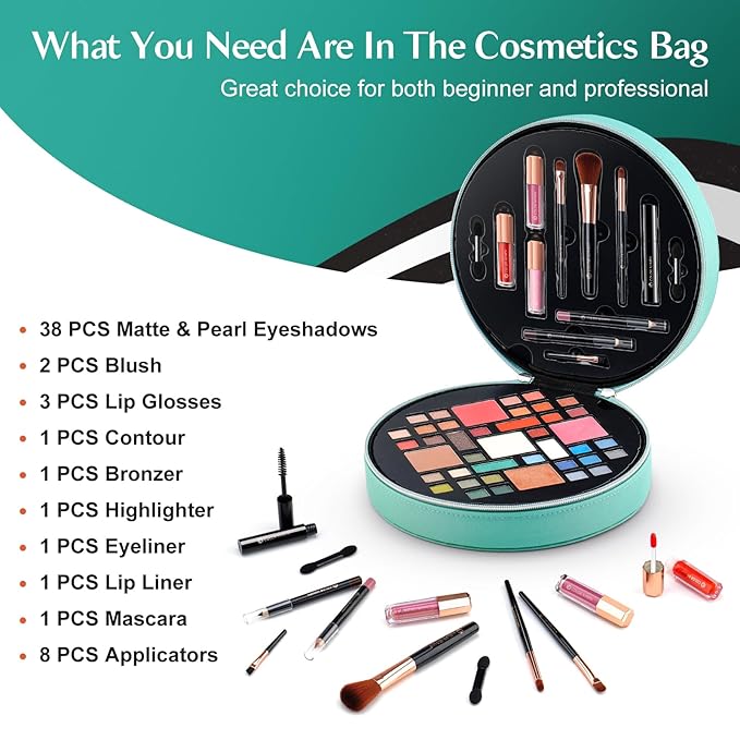 Color Nymph All In One Makeup Kit For Teens With Portable Cosmetics Bag, Multiple Makeups For Begginers As Christmas,New Year,Birthday Gift Included 38-Colors Eyeshadows Lipglosses Brushes(Green)-VivaGrace Women