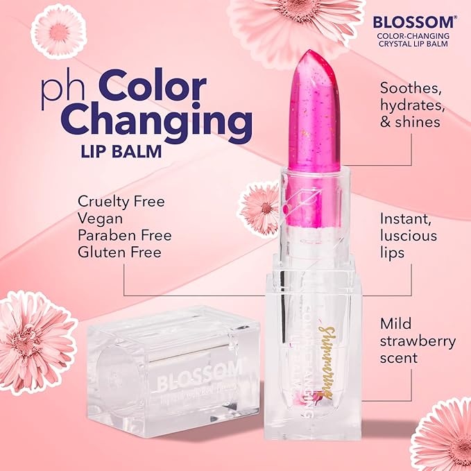 Blossom Moisturizing Color Changing Shimmering Lip Balm Sparkle Lip Stain Tint, Infused with Real Flowers, 3g, Electric Pink-VivaGrace Women
